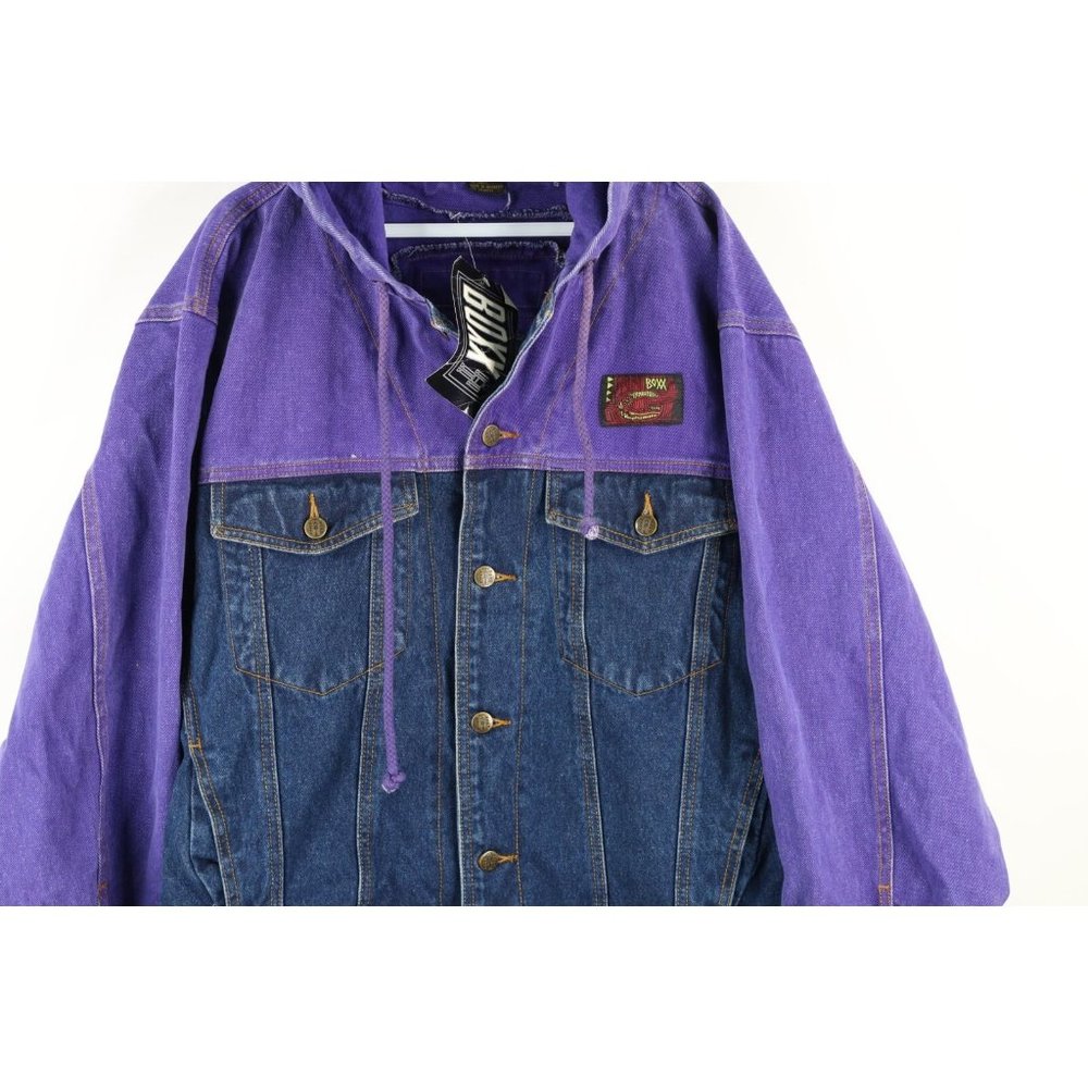 NOS Vintage 90s Streetwear Mens Large Color Block Hooded Denim Trucker Jacket - Picture 3 of 10